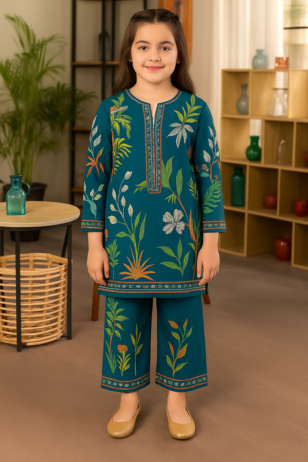 Peacock Teal Kids' Floral Printed Tunic Set