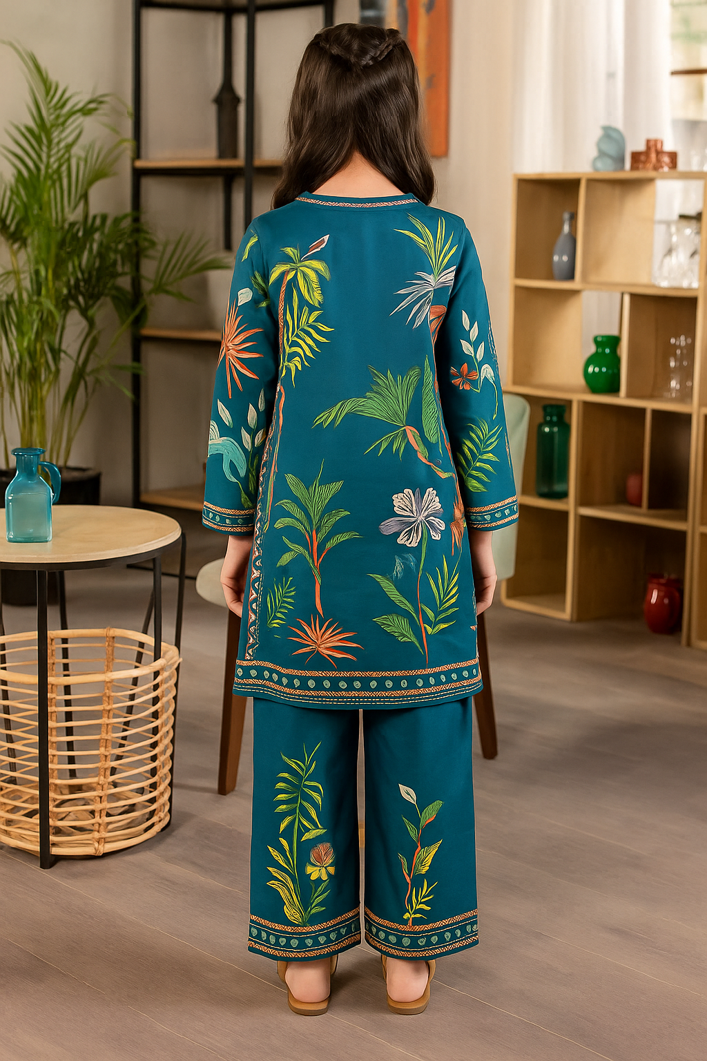 Peacock Teal Kids' Floral Printed Tunic Set