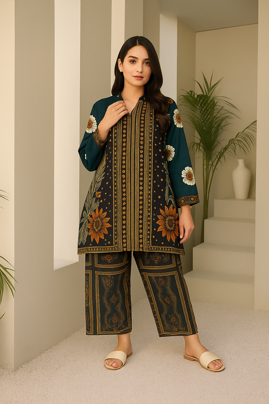 Elegant Teal & Gold Printed Two piece Set