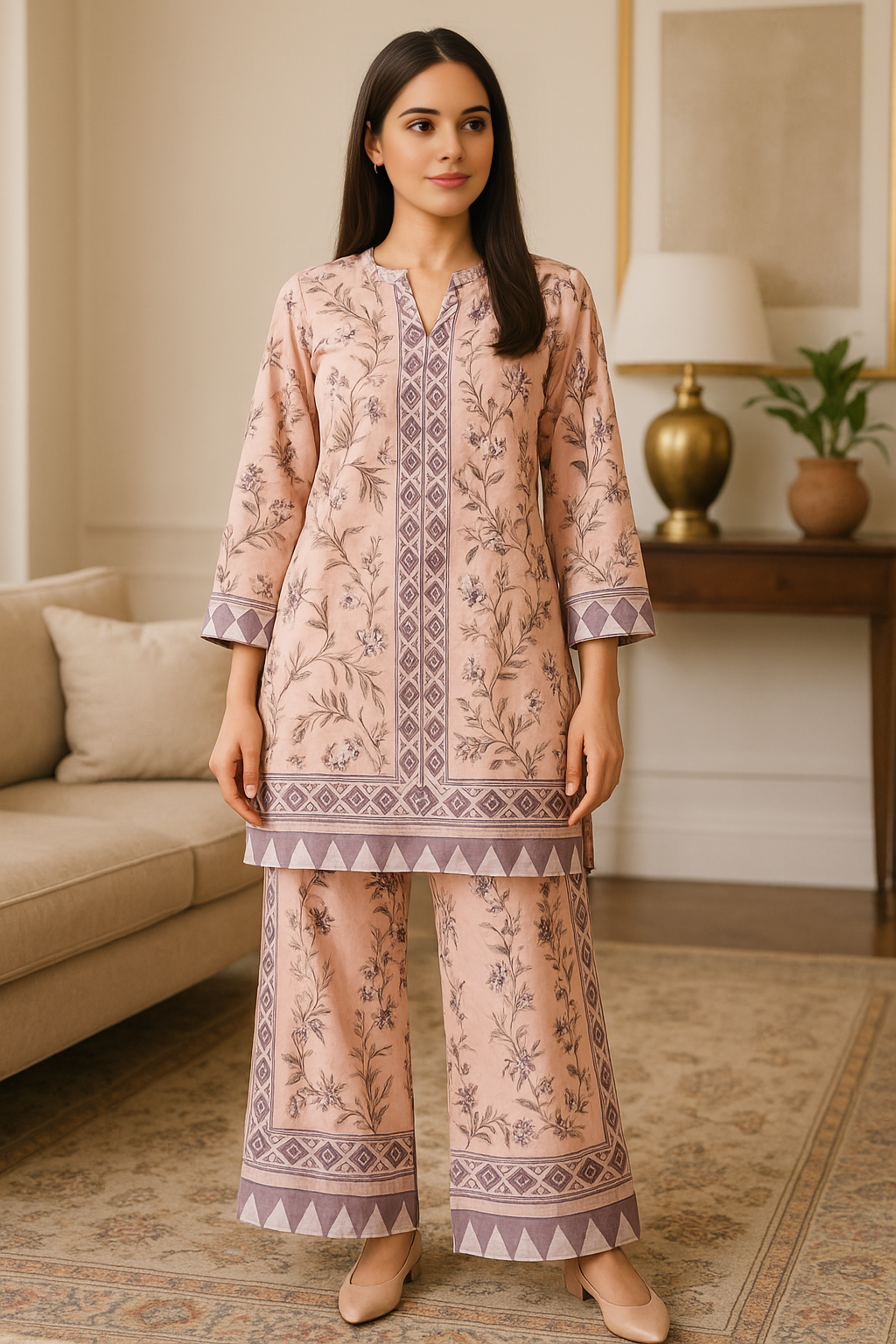 Elegant Blush Pink Floral Printed TWO PIECE suit