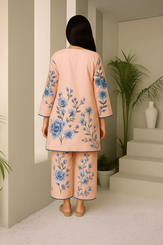 Pink & Blue Floral Printed WOMEN co-ord Set with Bell Sleeves