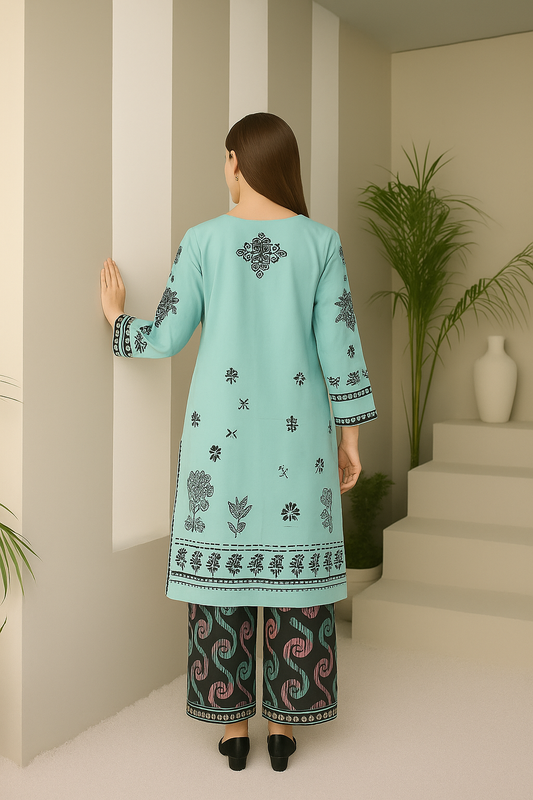 Aqua & Black Printed two piece Set for women