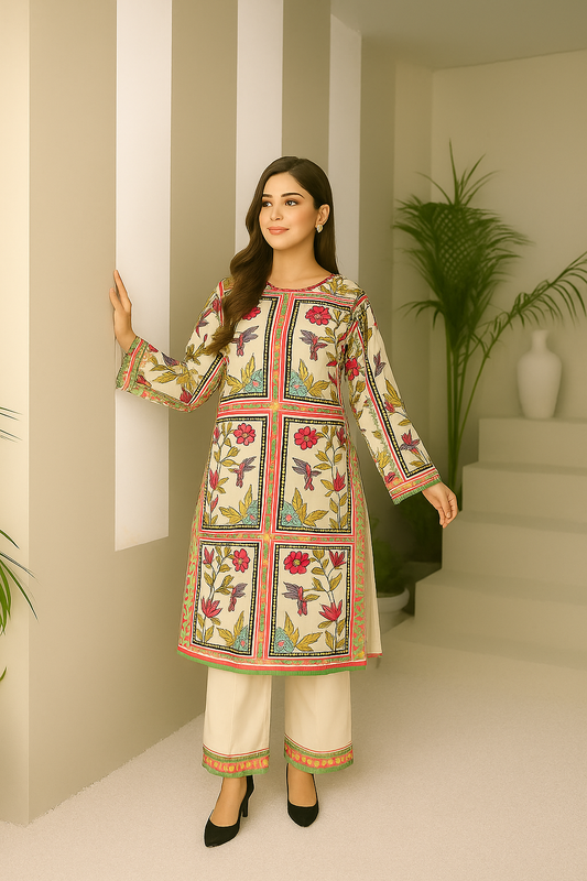 Festive Floral & Bird Printed Two piece co-ord sett for women