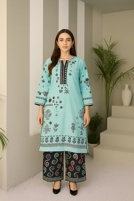 Aqua & Black Printed two piece Set for women