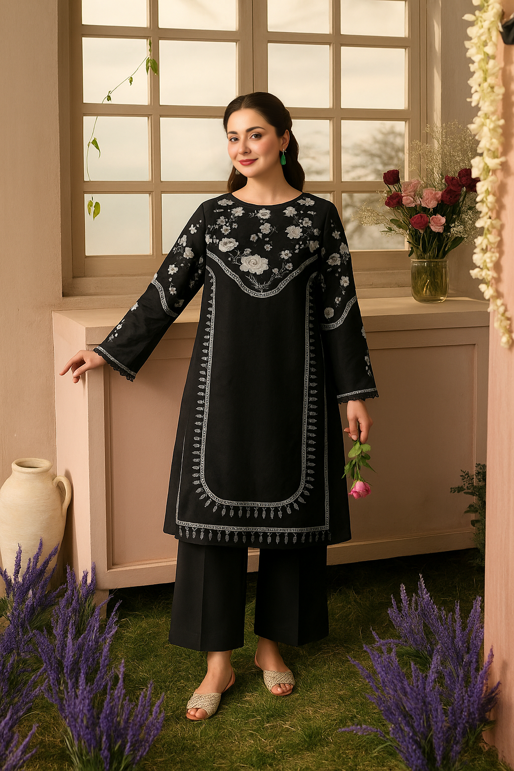Midnight Blossom Embroidered Two-Piece Suit