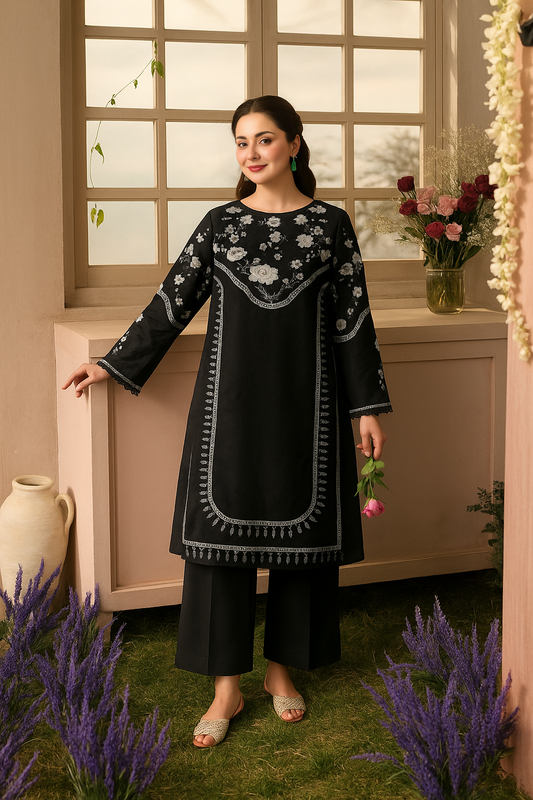 Midnight Blossom Embroidered Two-Piece Suit