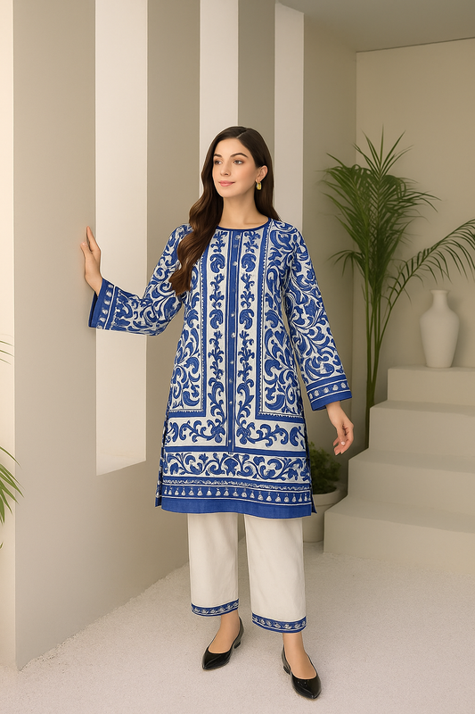 Elegant Blue & White Printed Women co-ord sett