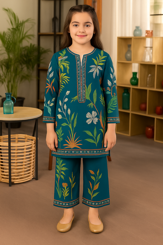 Peacock Teal Kids' Floral Printed Tunic Set