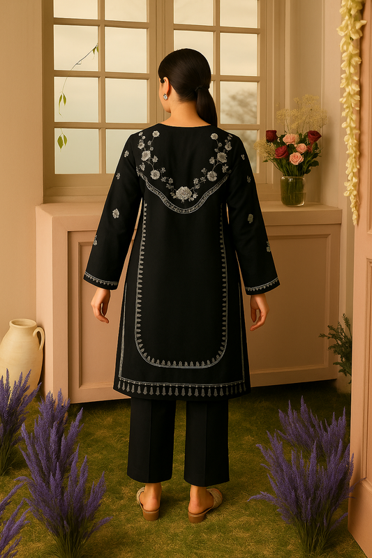 Midnight Blossom Embroidered Two-Piece Suit