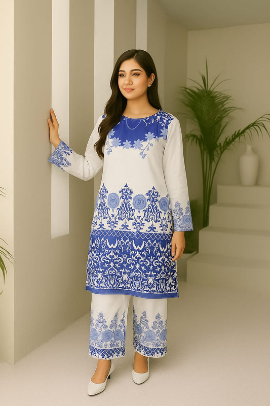 Royal Blue & White Floral Printed Two piece set for womens