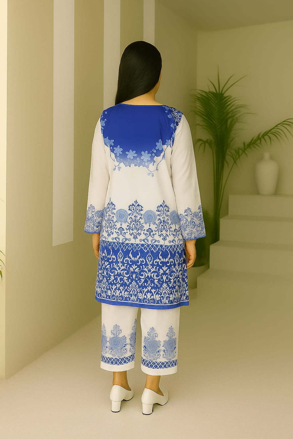 Royal Blue & White Floral Printed Two piece set for womens