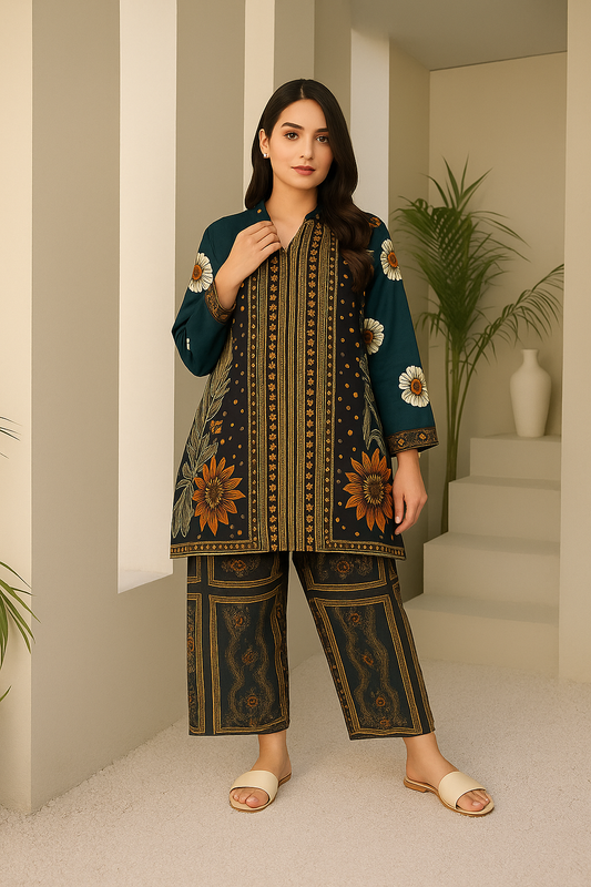 Elegant Teal & Gold Printed Two piece Set
