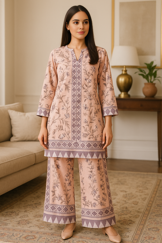 Elegant Blush Pink Floral Printed TWO PIECE suit