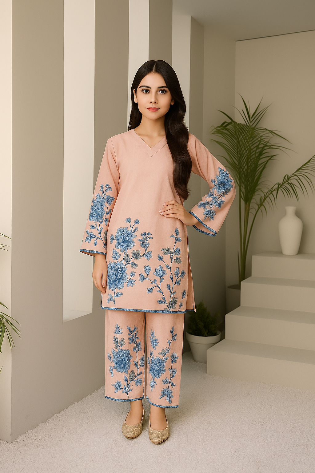 Pink & Blue Floral Printed WOMEN co-ord Set with Bell Sleeves