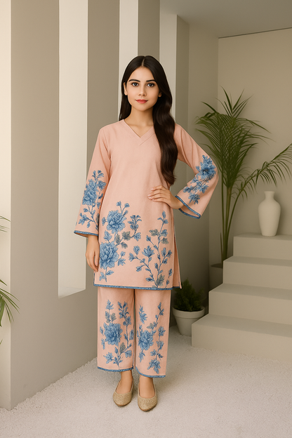 Pink & Blue Floral Printed WOMEN co-ord Set with Bell Sleeves