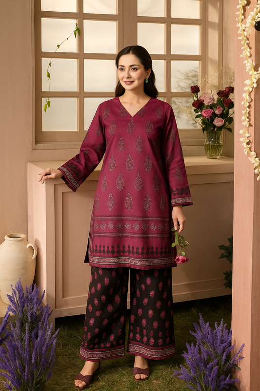 Maroon & Black Dabu Print Two-Piece Suit